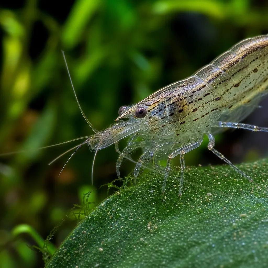 Amano shrimp grazing algae off aquarium plant