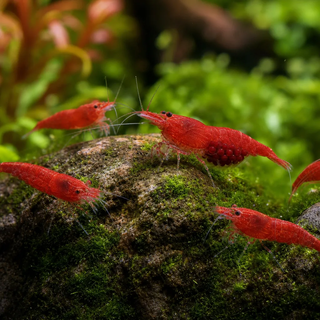 Cluster of red cherry shrimp with berried female