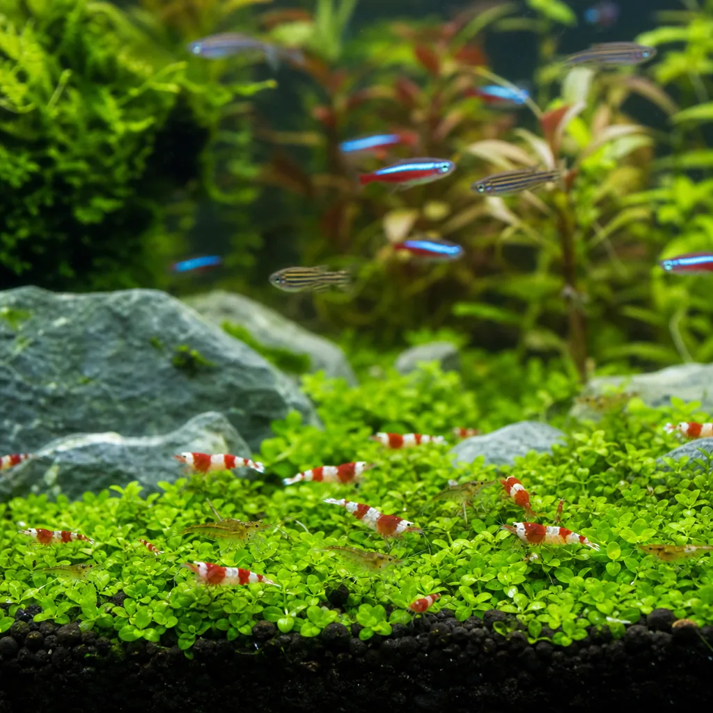 Shrimp grazing among plants with small fish nearby