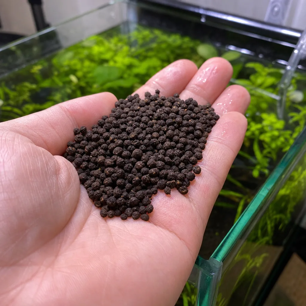 Handful of dark granular aqua soil substrate