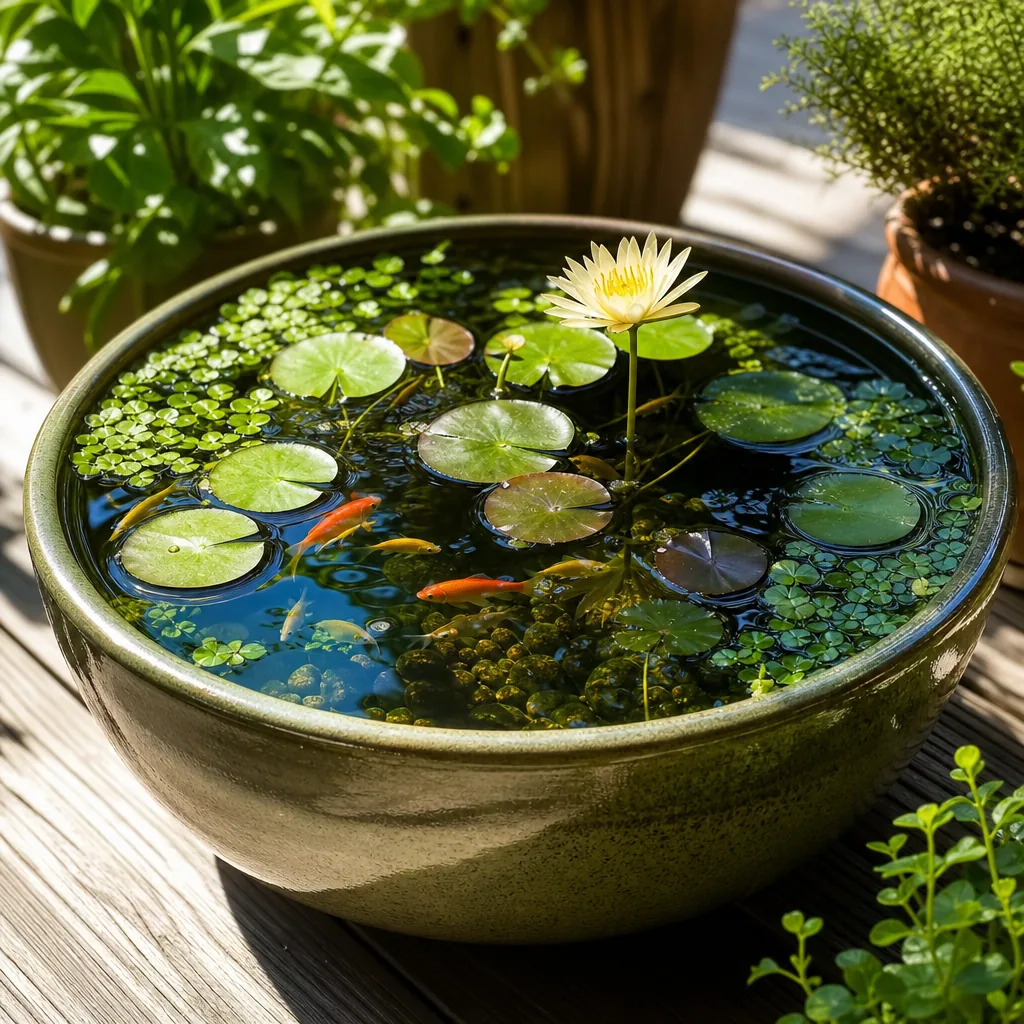 Small colorful patio container pond on a sunny deck