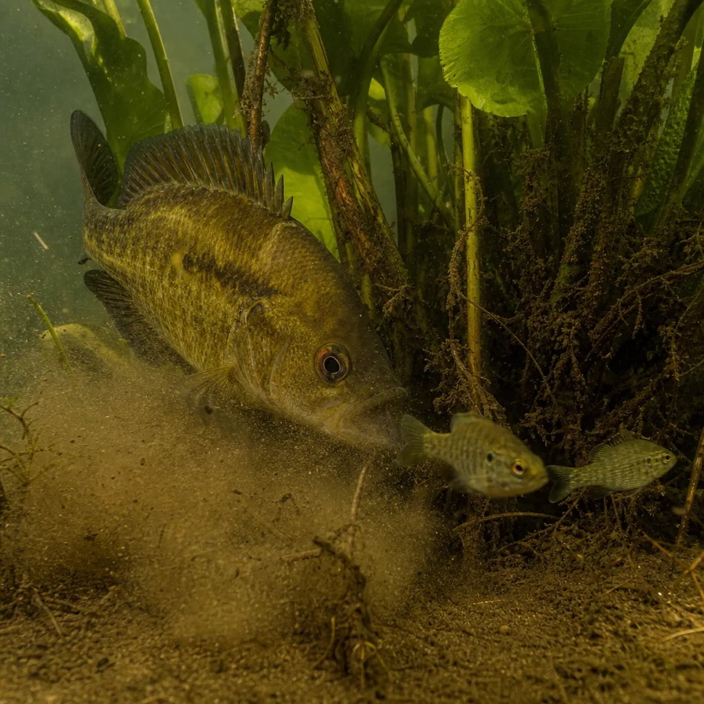 Aggressive fish chasing smaller pond fish underwater