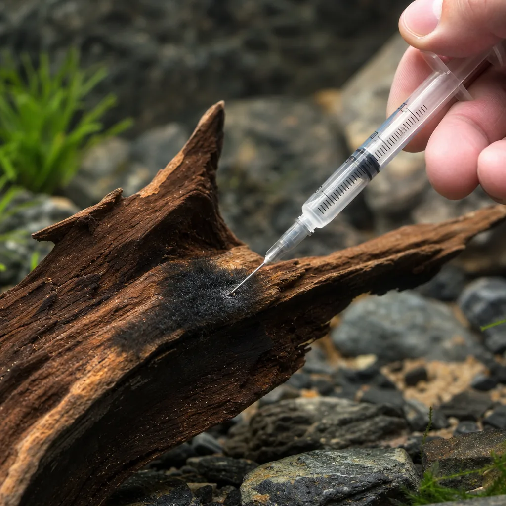 Syringe spot-treating black beard algae on hardscape