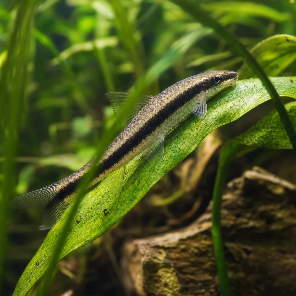 Siamese algae eater grazing on aquarium leaf