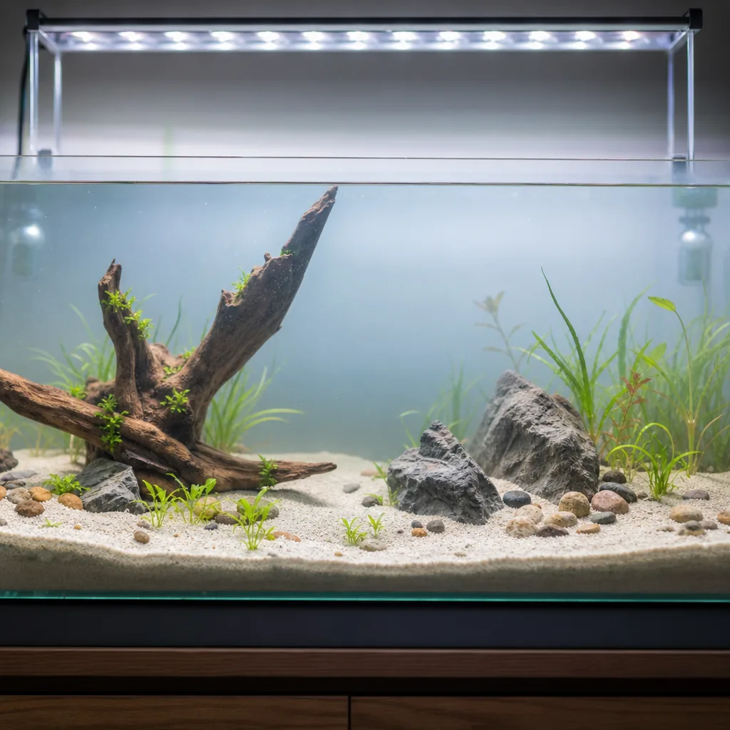 Fresh cycling aquarium with new substrate and hardscape