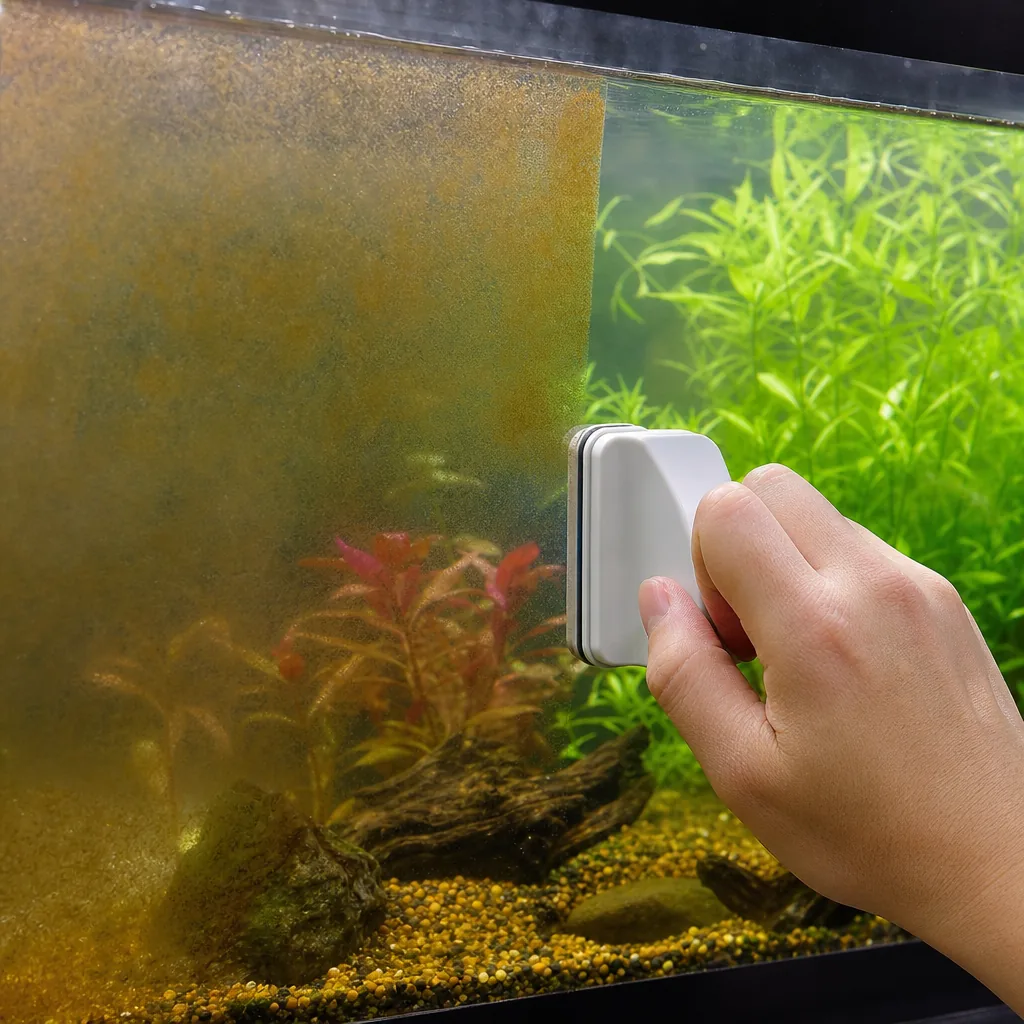 Hand wiping brown film off aquarium glass with magnet