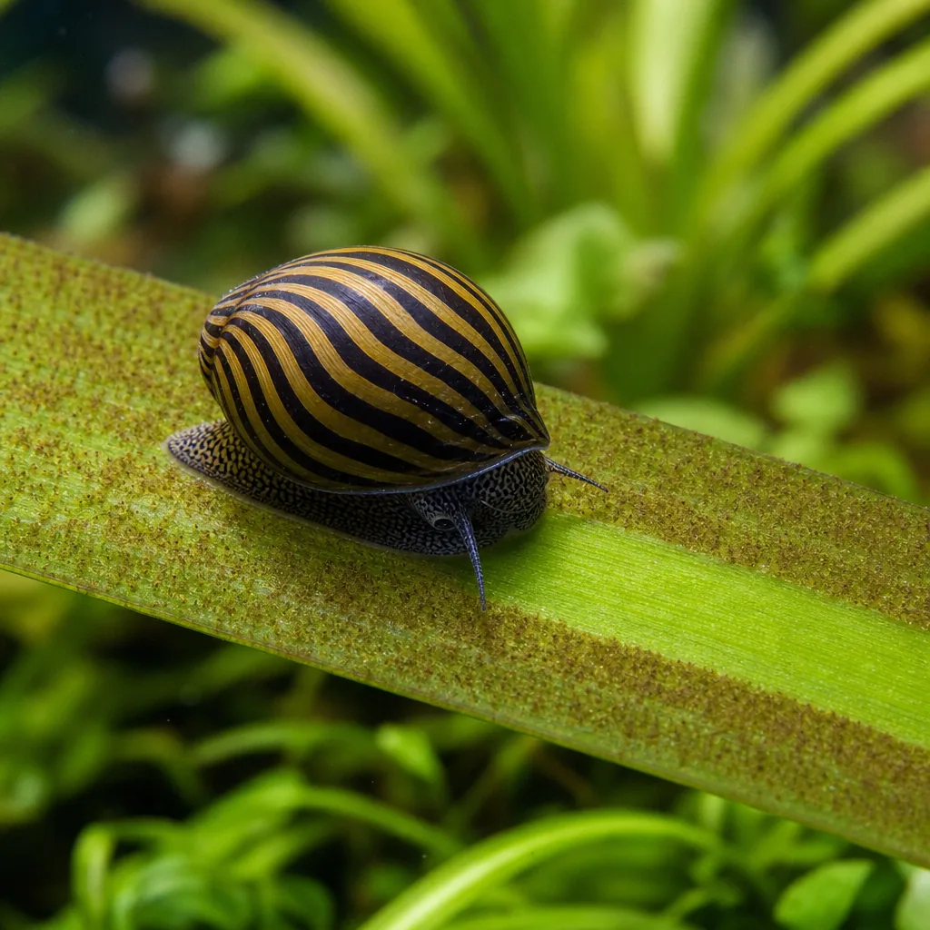Nerite snail grazing brown diatoms off a leaf