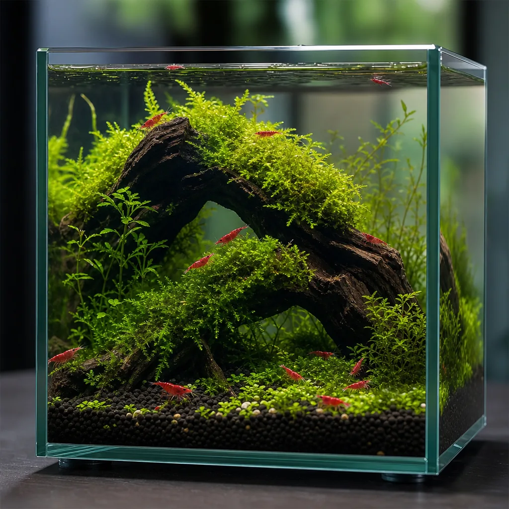 Cherry shrimp tank with moss and driftwood