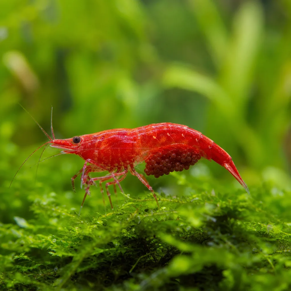 Female cherry shrimp carrying eggs under her tail