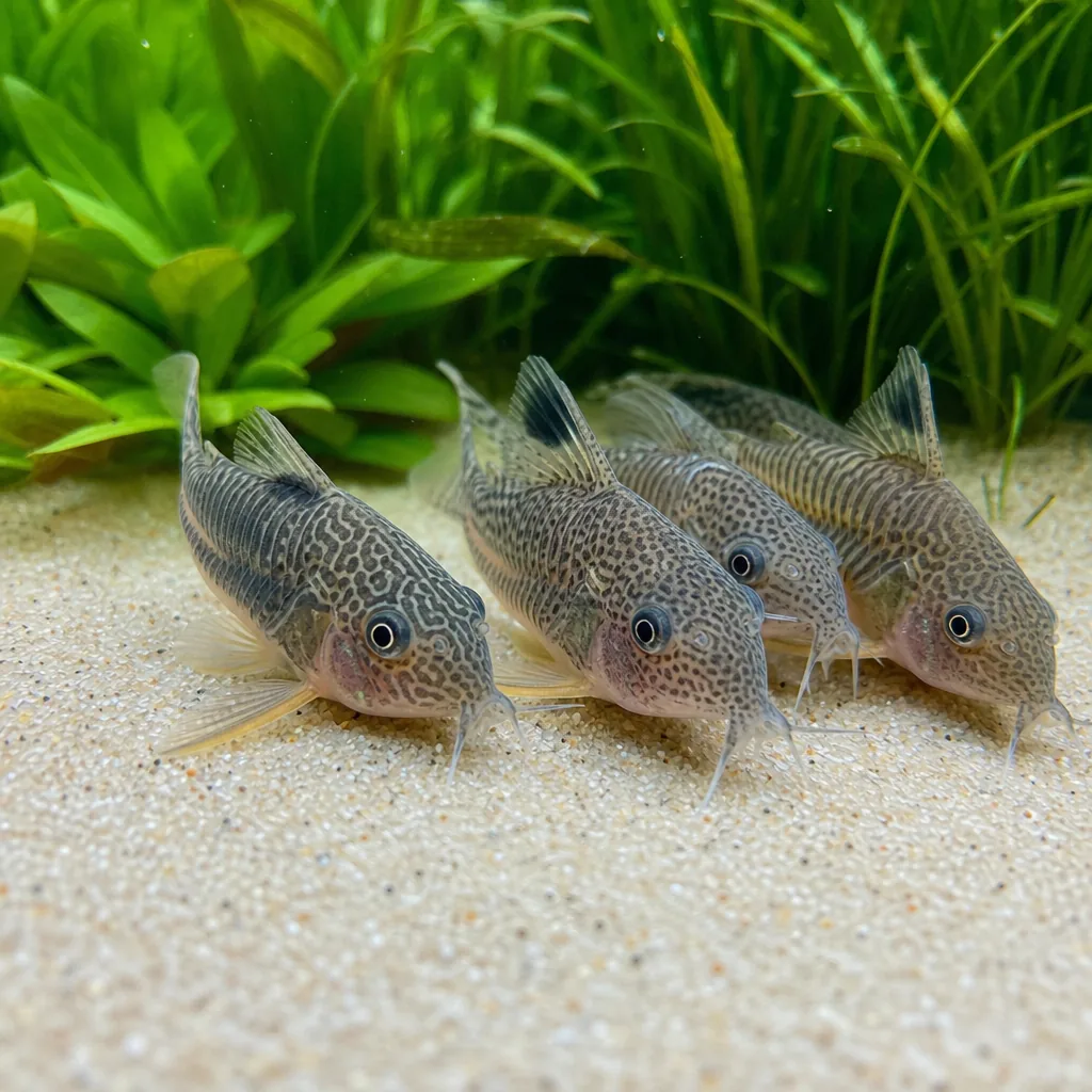 Group of corydoras resting together on aquarium sand