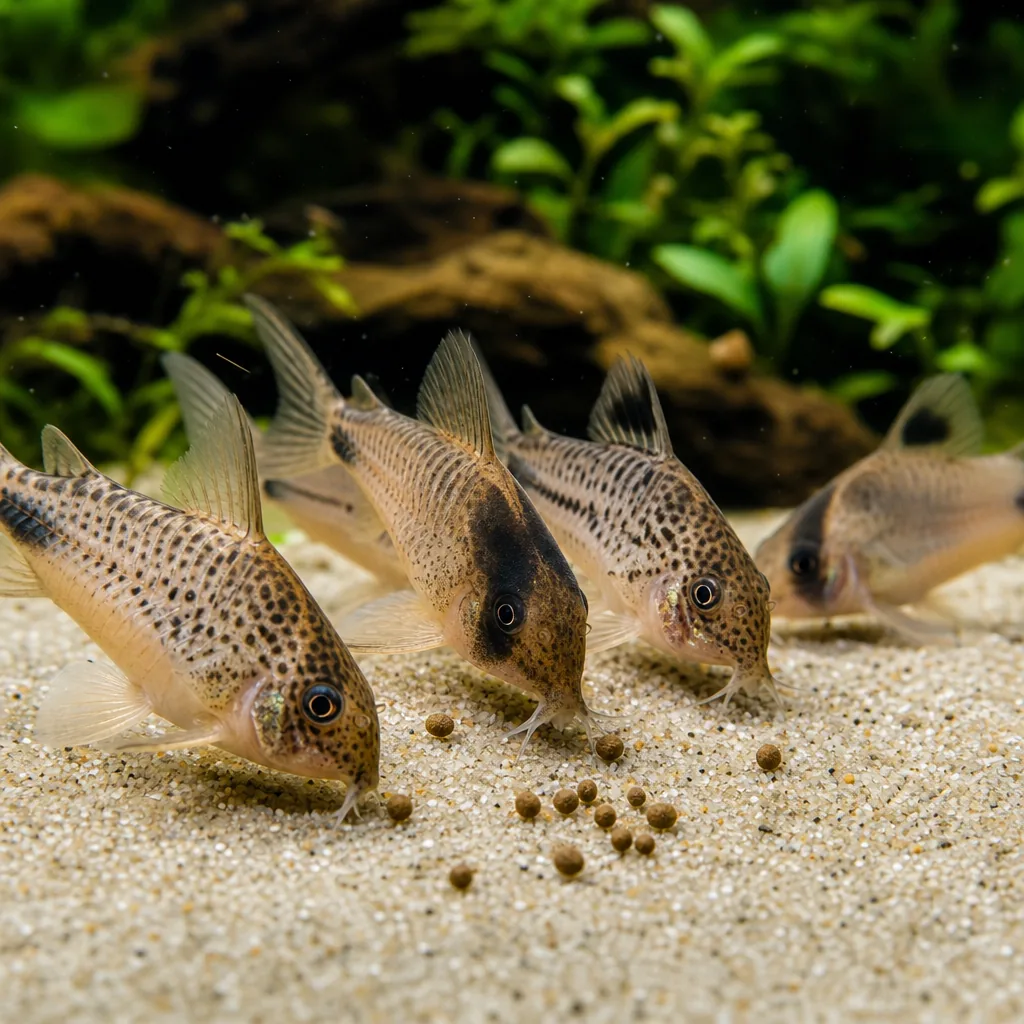 Sinking food pellets on sand as cories gather