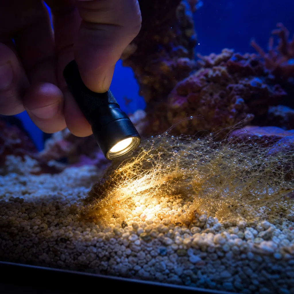 Aquarist examining brown slime strands with flashlight