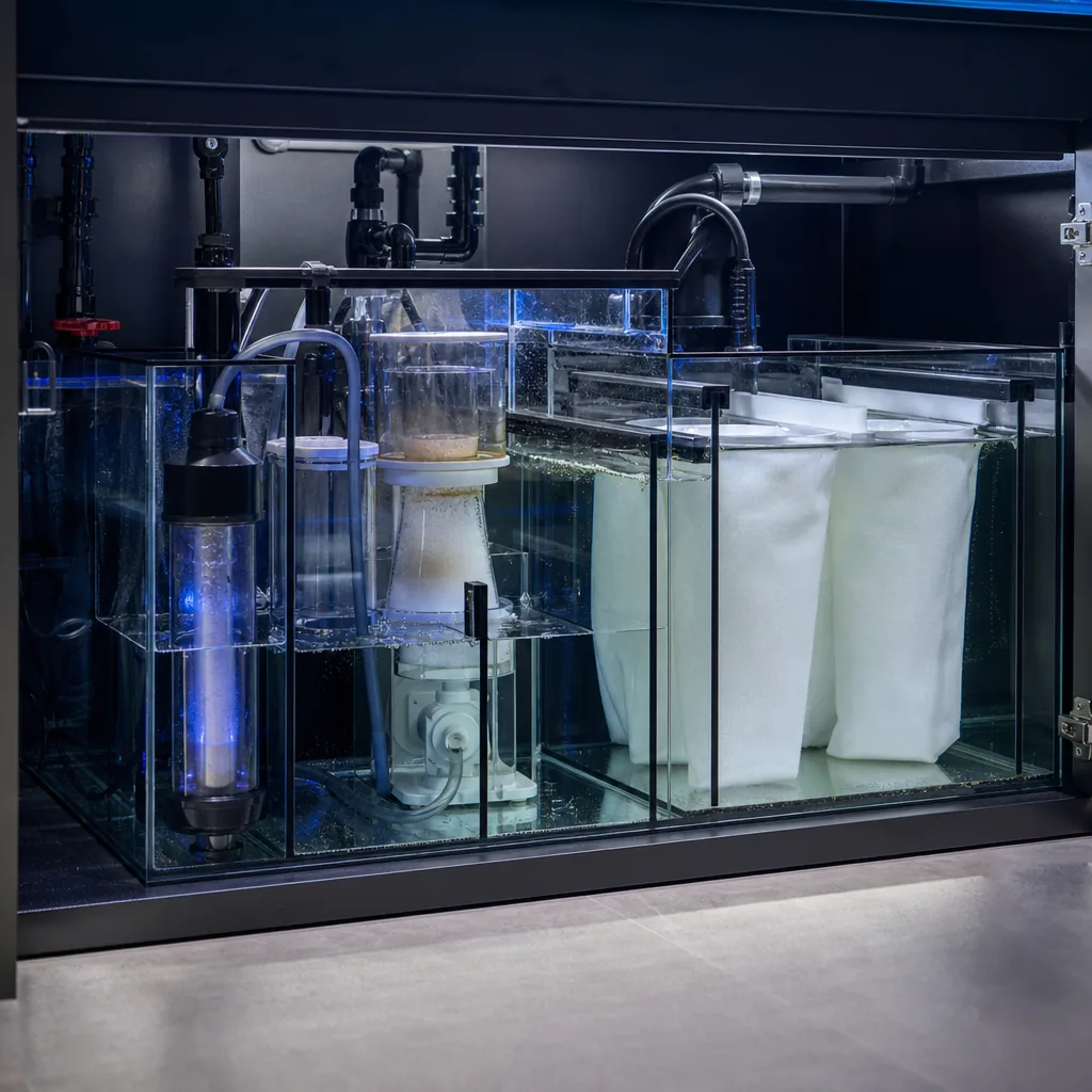 UV sterilizer and filter socks on reef sump