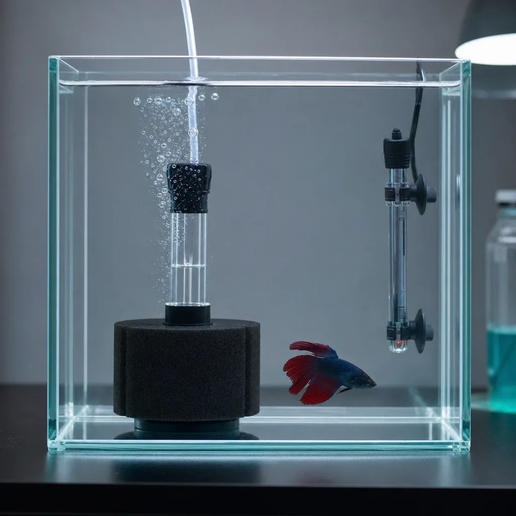 Small hospital aquarium set up for treating a sick fish