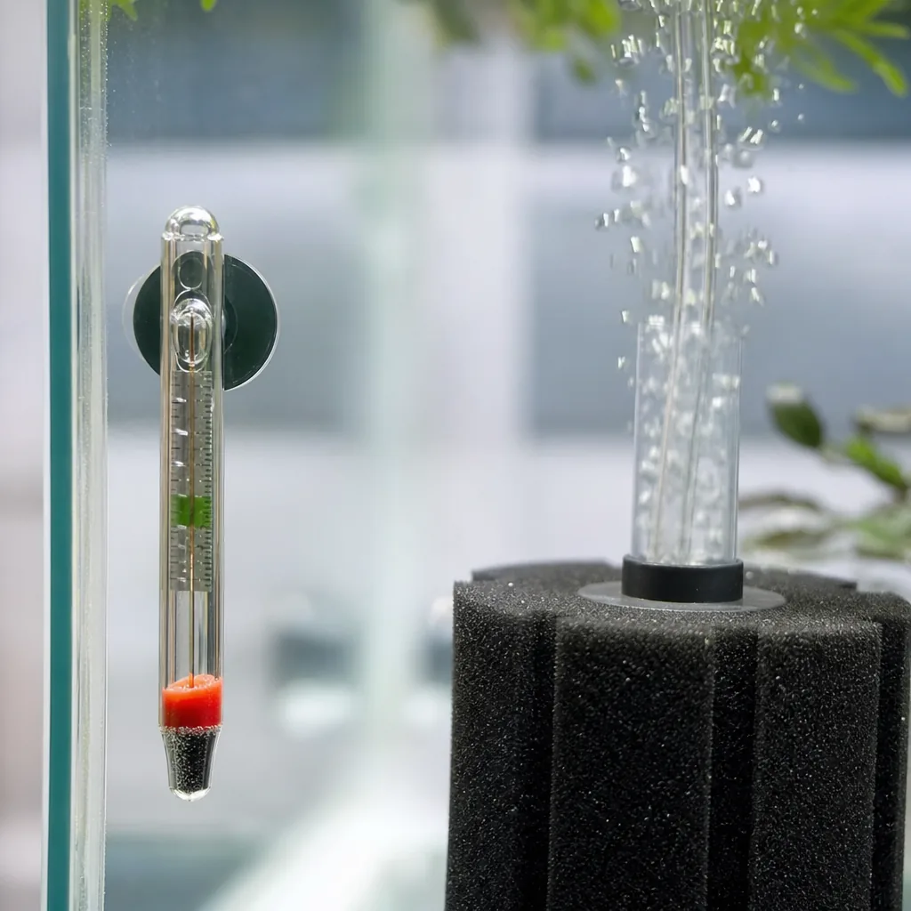 Aquarium thermometer and gentle sponge filter in a quiet tank