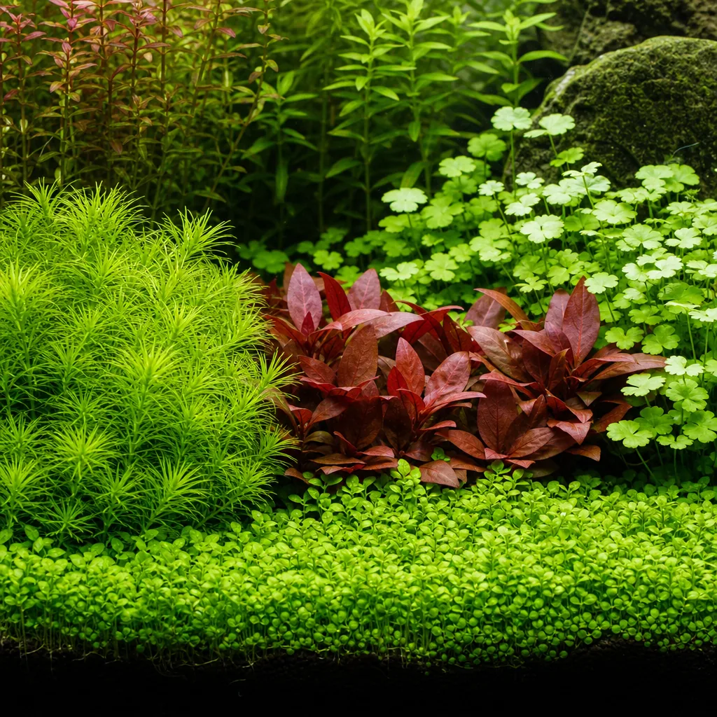 Distinct grouped plant bushes of varied leaf colors