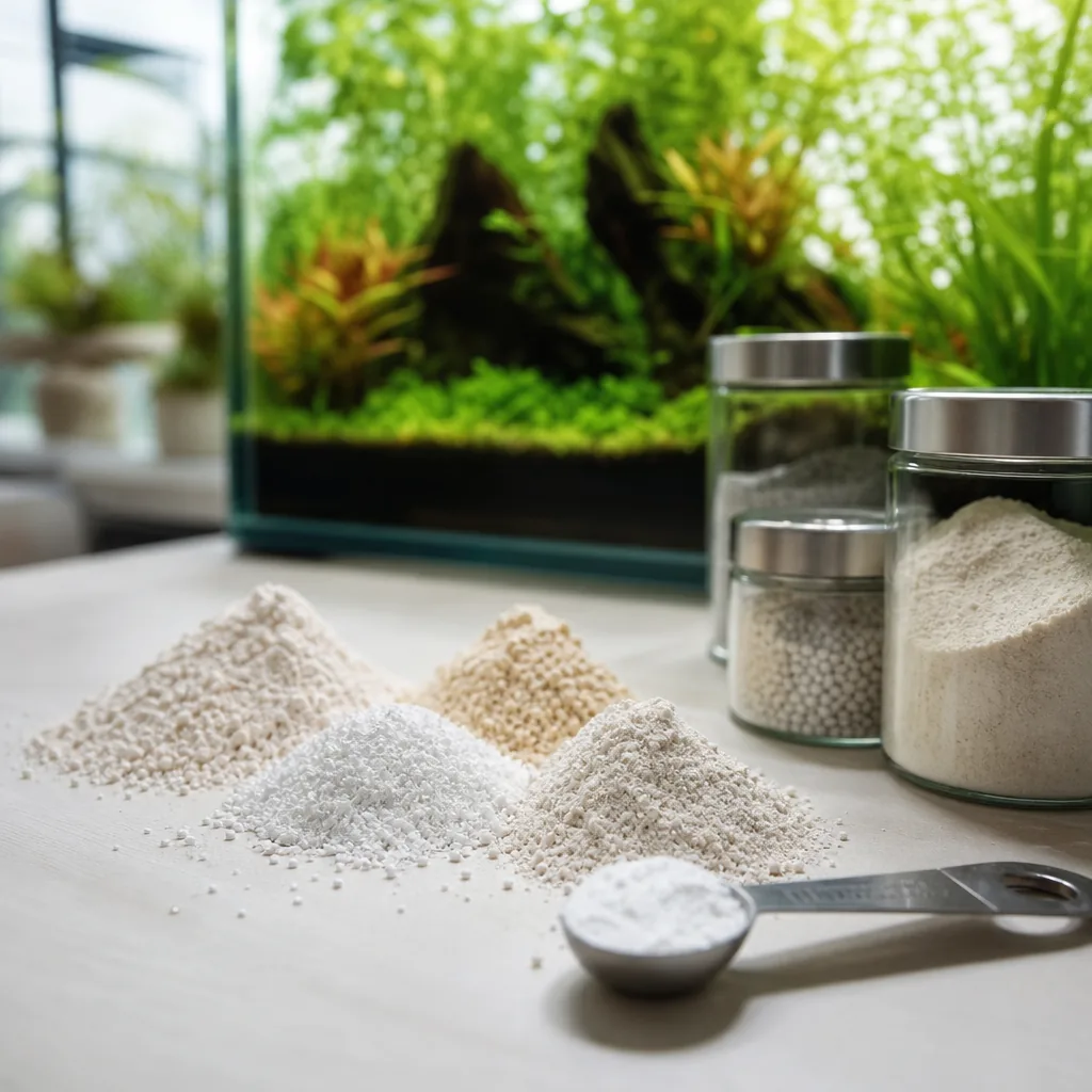 Dry fertilizer powders and measuring spoon on a bench