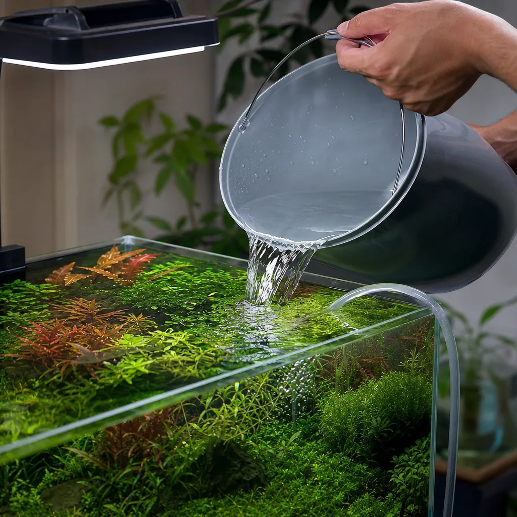 Hand pouring water during an aquarium water change