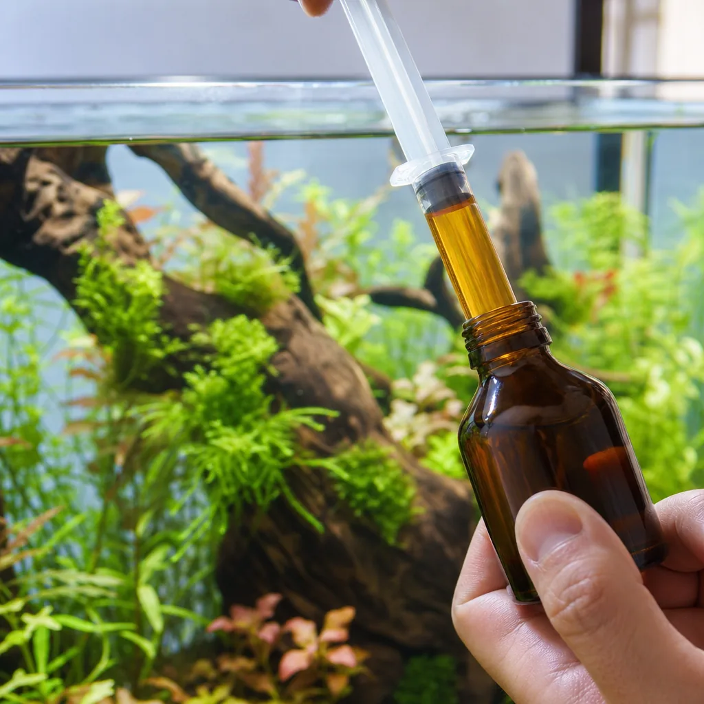 Syringe drawing liquid fertilizer beside planted tank