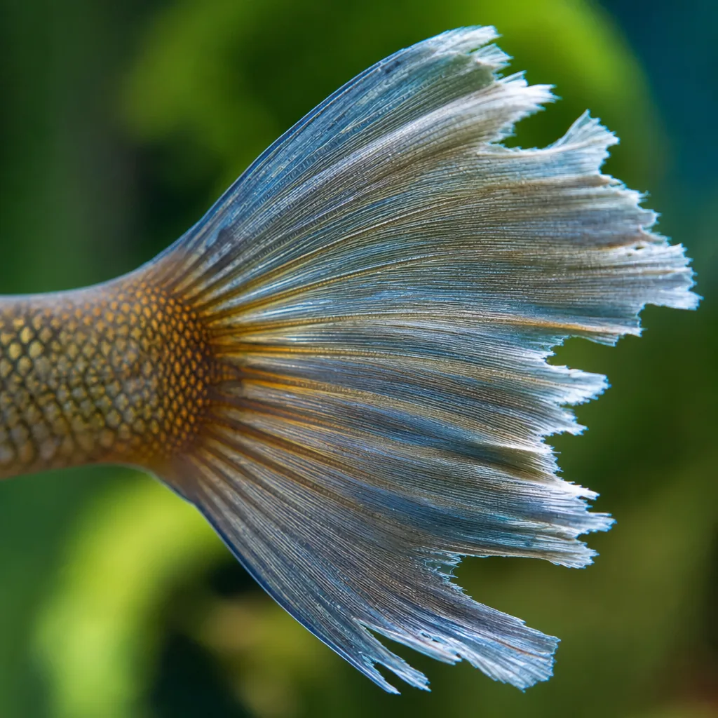 Close-up of a fish tail showing torn and eroded fin edges