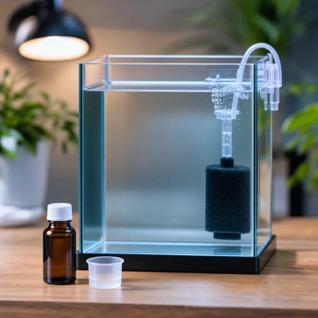 Aquarium medication bottle beside a treatment tank