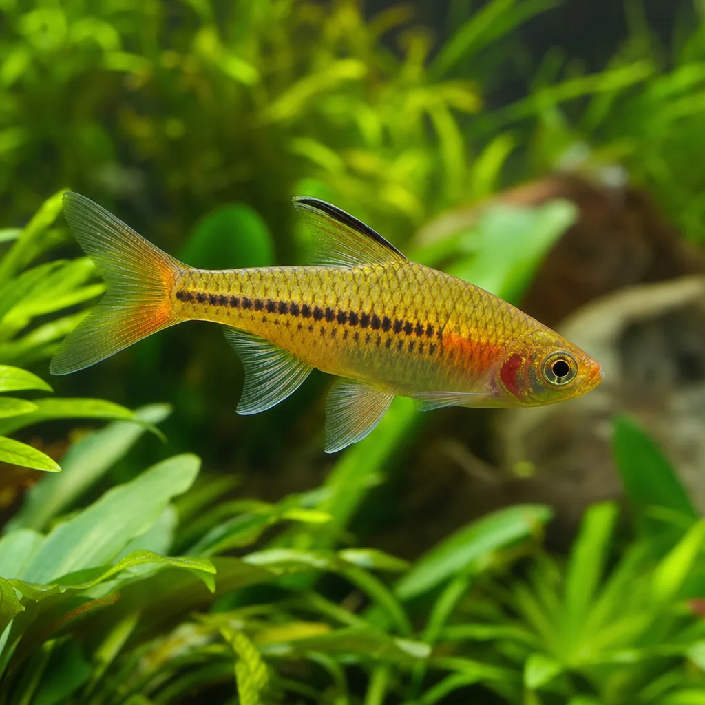 Healthy fish with smooth intact fins swimming among plants