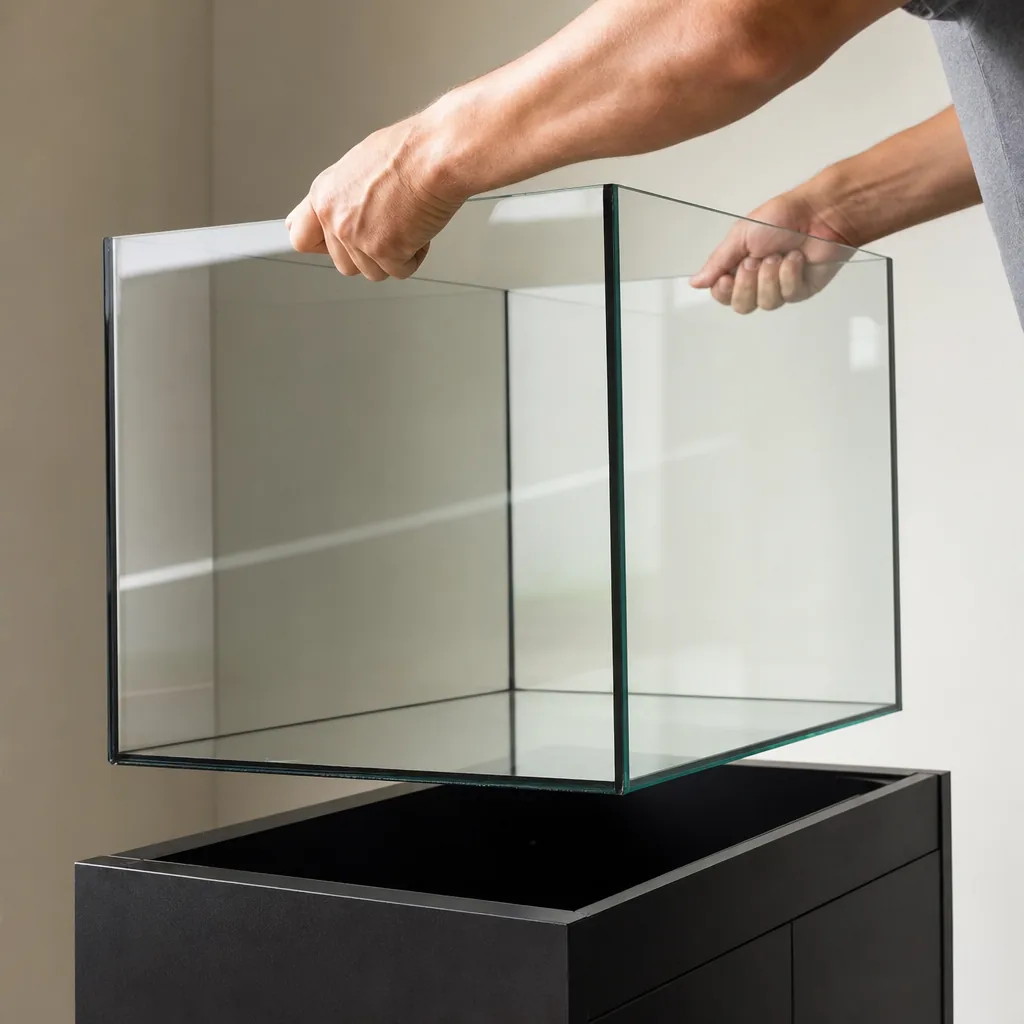 Hands lifting an empty aquarium tank