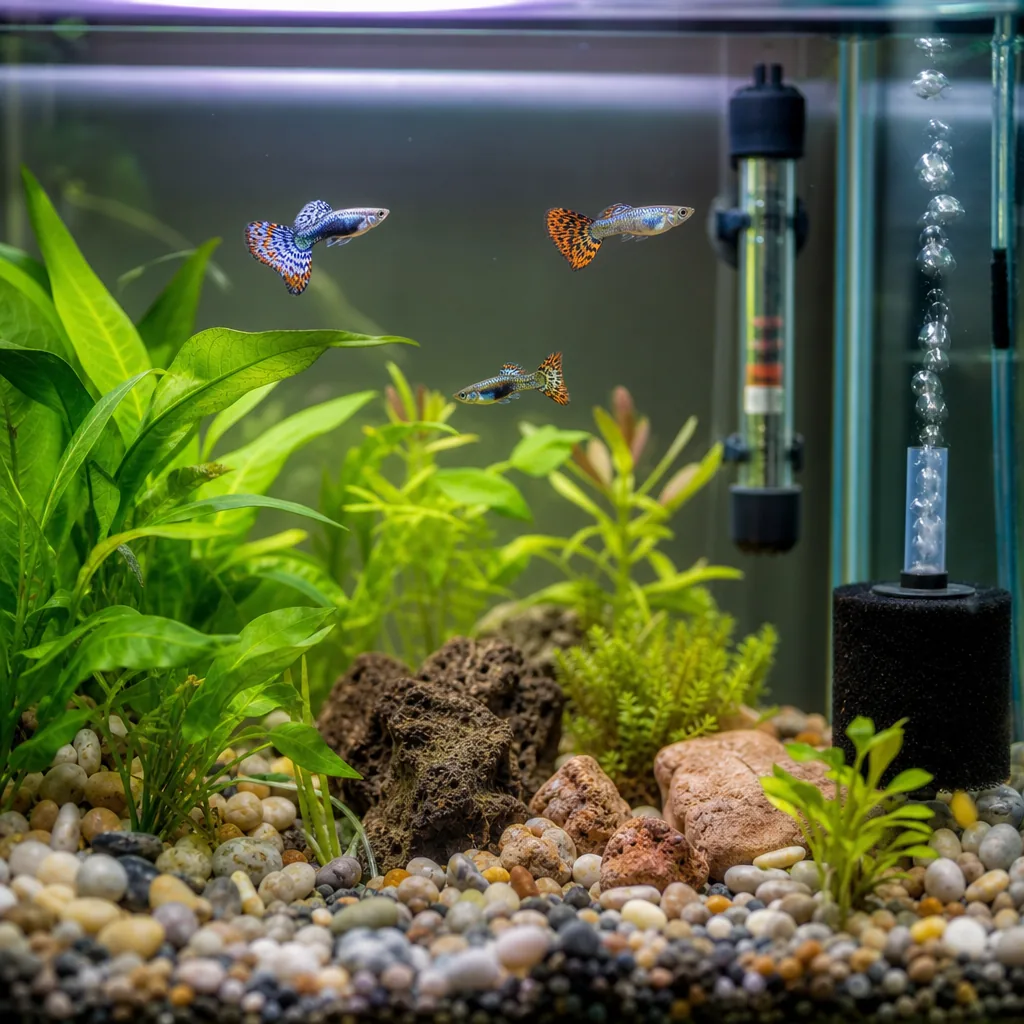 Small planted guppy tank with heater and sponge filter