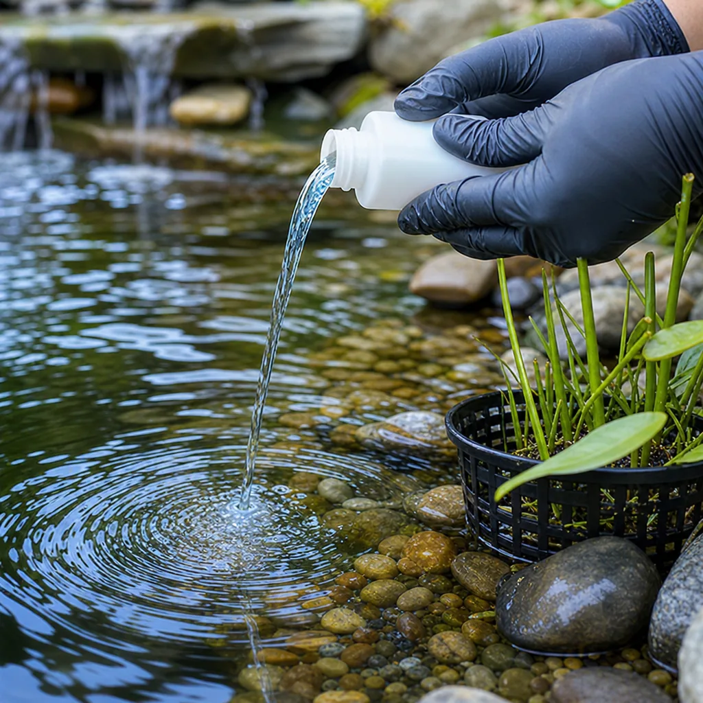 Gloved hands pouring dechlorinator into fresh pond water