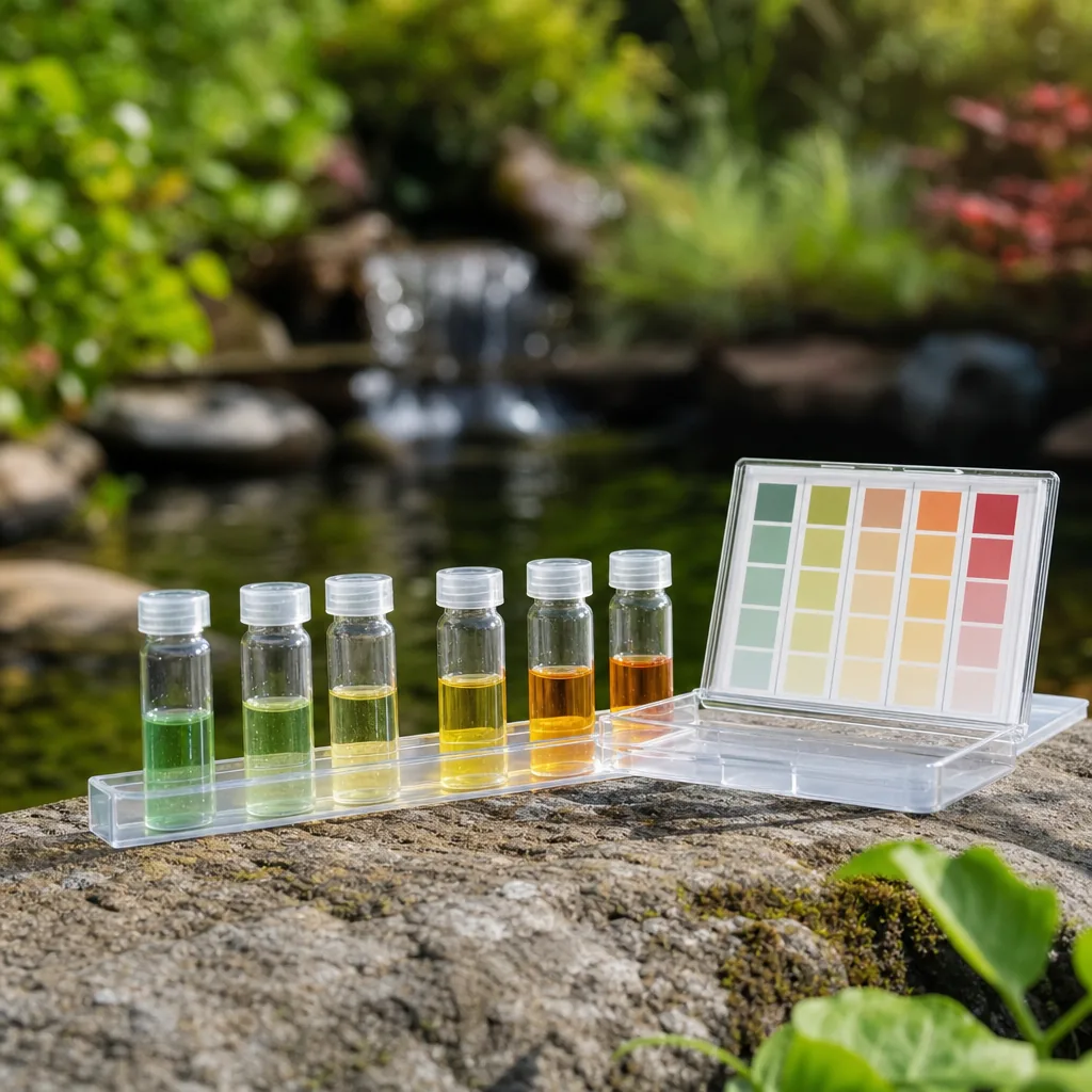 Pond water test kit vials showing water parameters outdoors