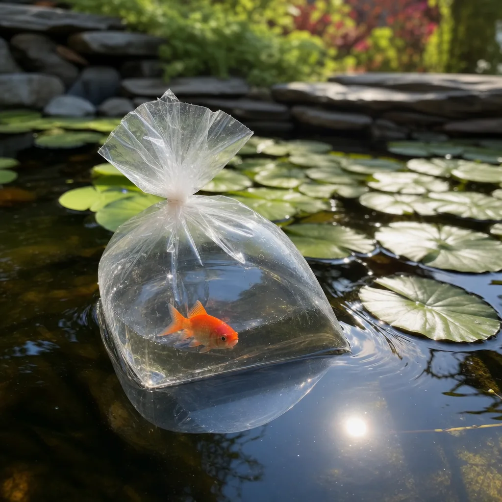 Sealed bag of fish floating on pond surface to acclimate