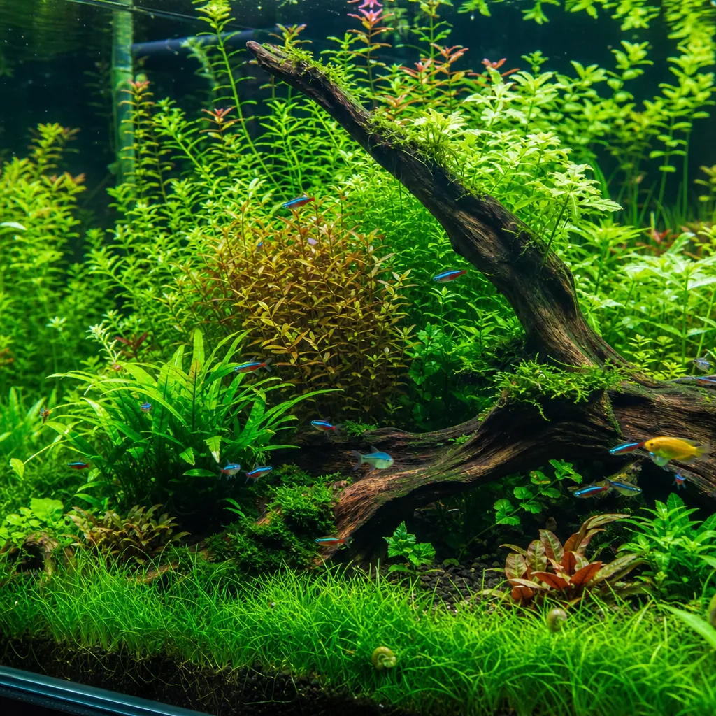 Healthy planted tank with vigorous aquatic plants