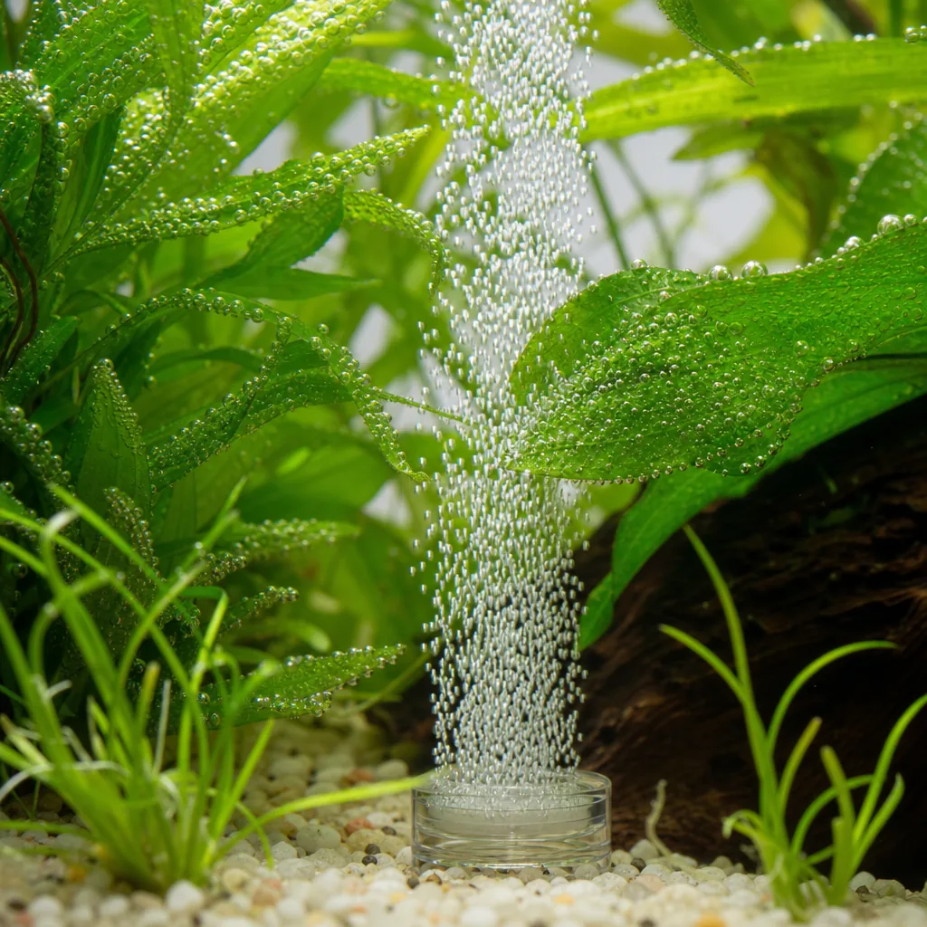 Fine CO2 bubbles rising among aquarium plants