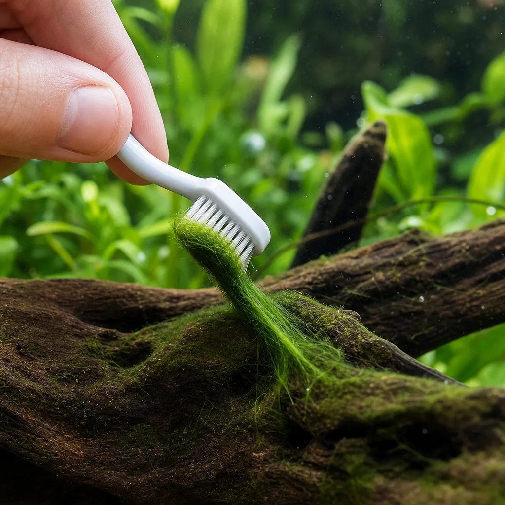 Hand removing hair algae from driftwood with a brush