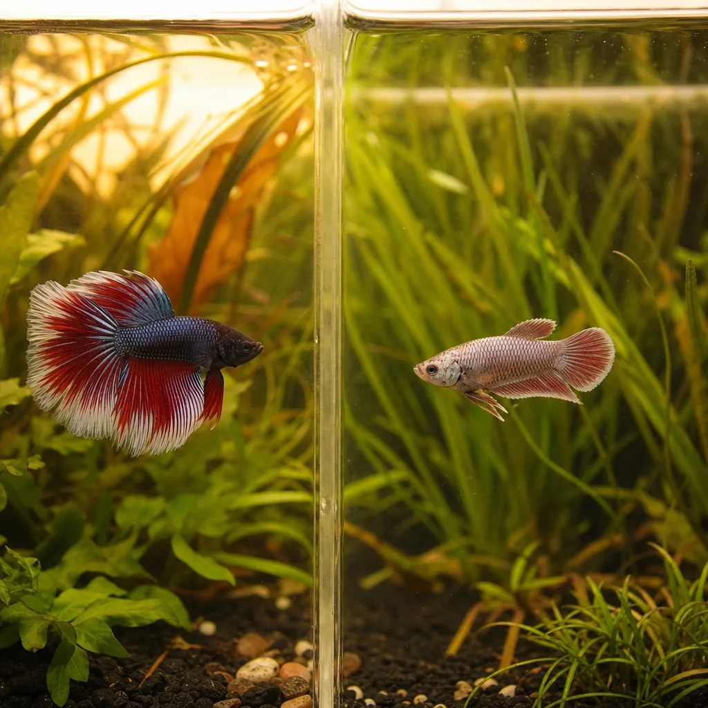 Male and female betta separated in a conditioning tank