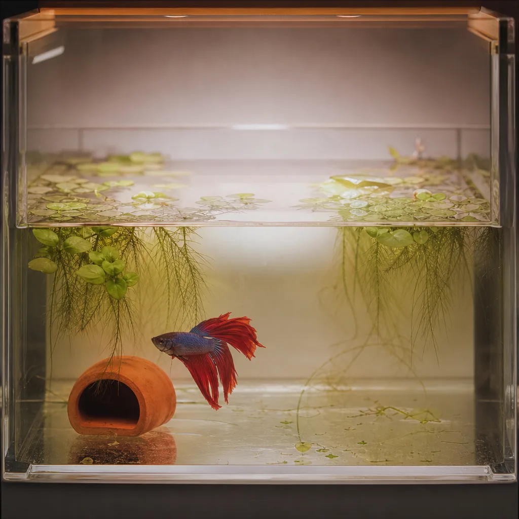 Shallow bare breeding tank with floating plants and hide