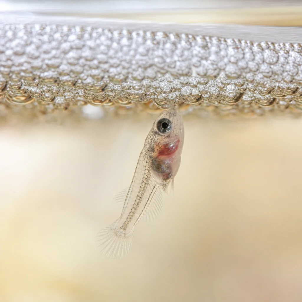 Tiny betta fry near a bubble nest at the surface