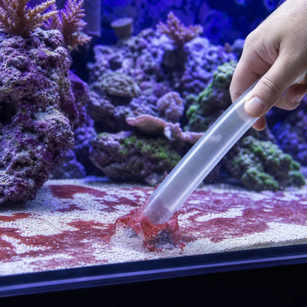 Aquarist siphoning red slime off the sand
