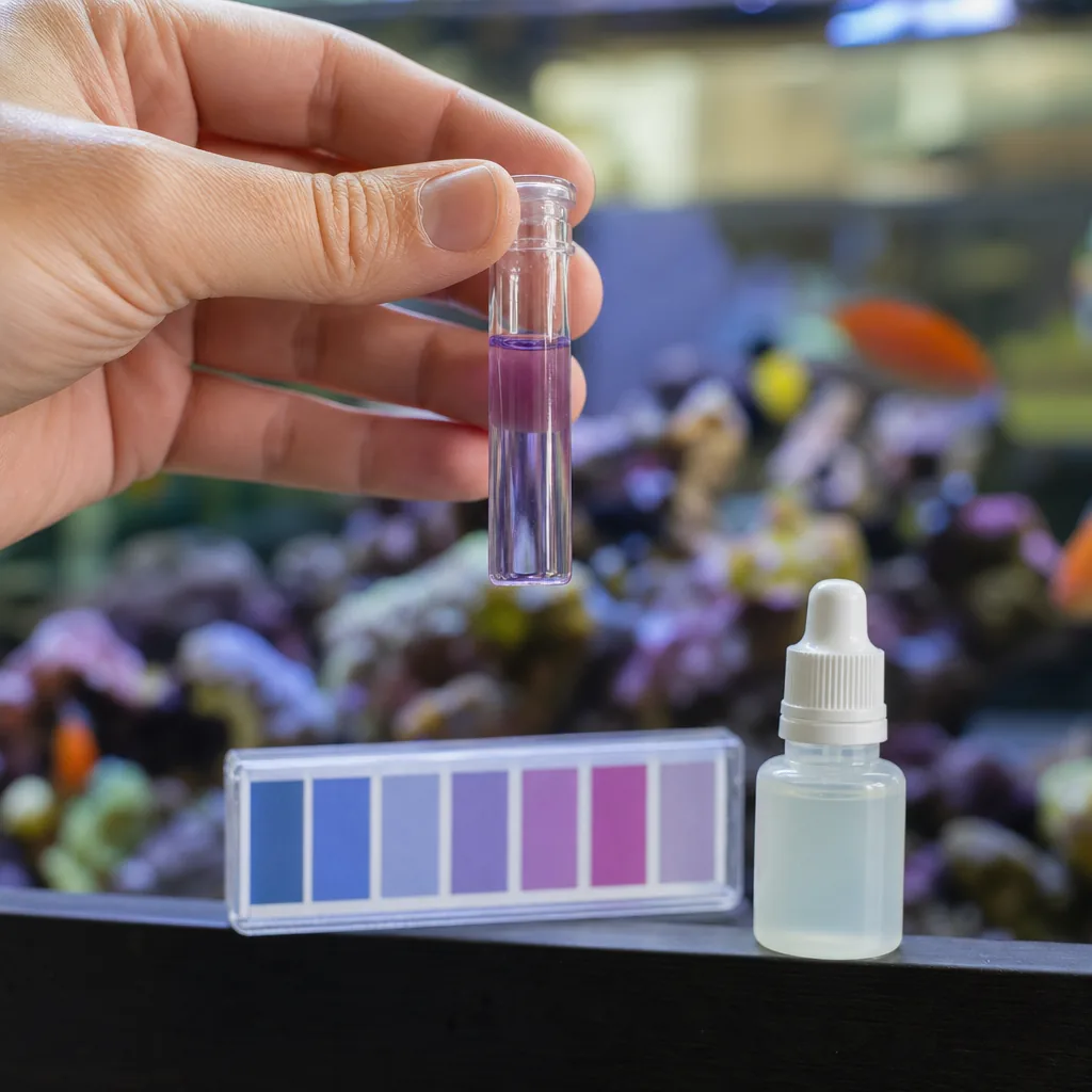 Hand holding a saltwater test kit vial over reef tank