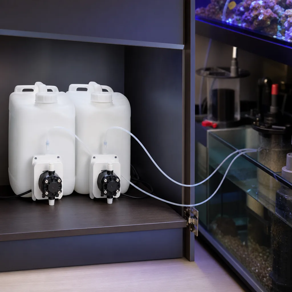 Two dosing containers with pumps beside a reef tank