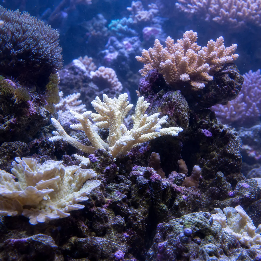Pale bleached corals in a struggling reef tank