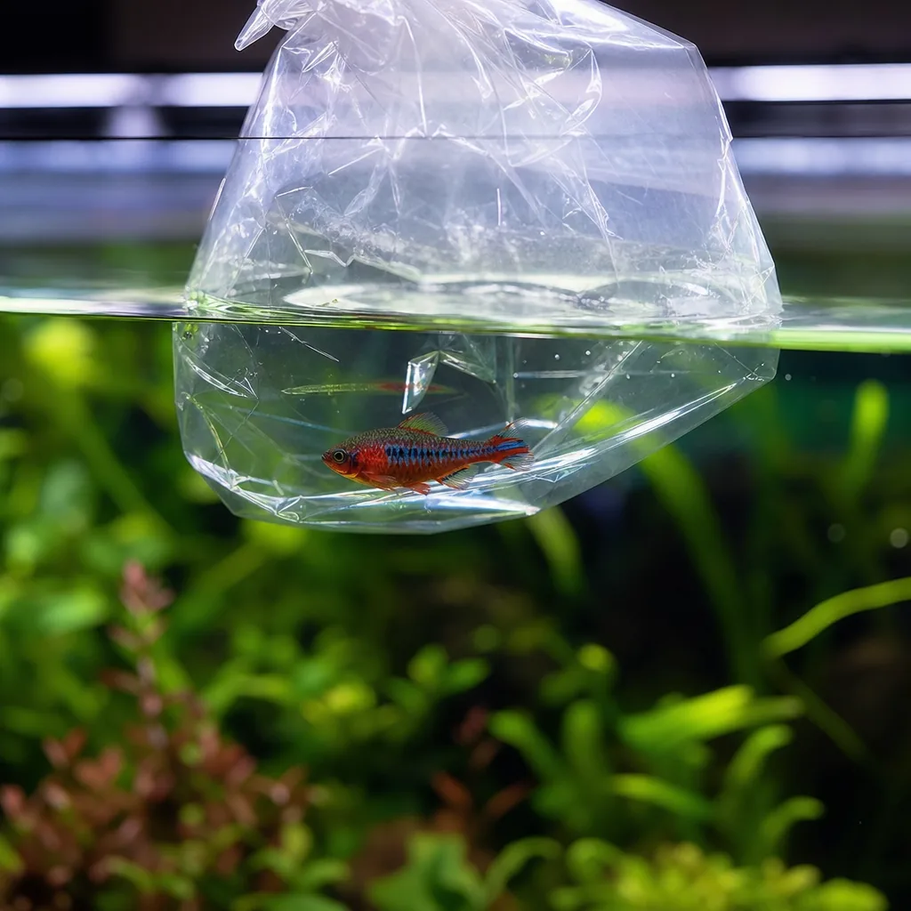 Sealed fish bag floating on aquarium surface