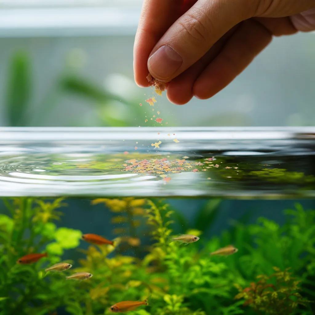 Hand sprinkling a small pinch of flakes into tank