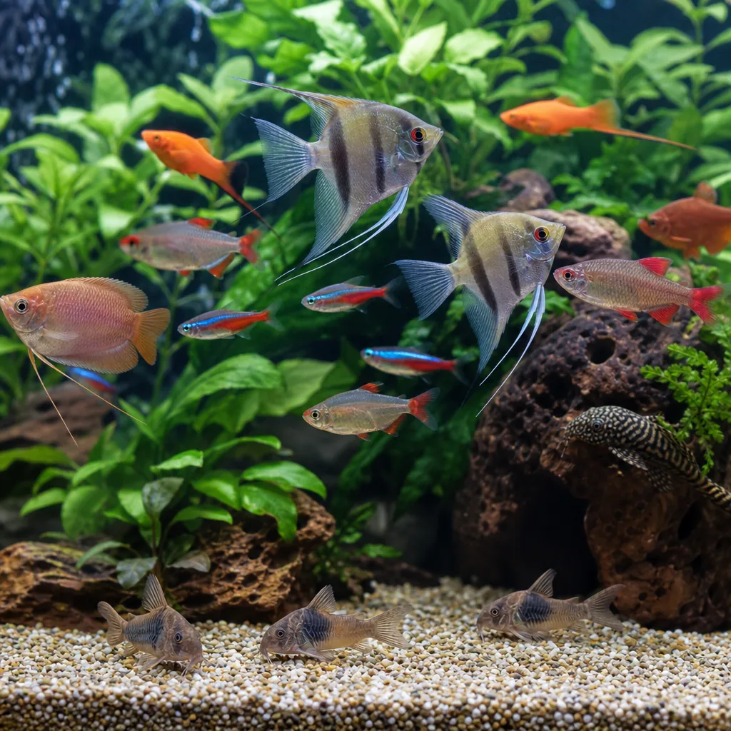 Fish swimming actively around a bare feeding zone