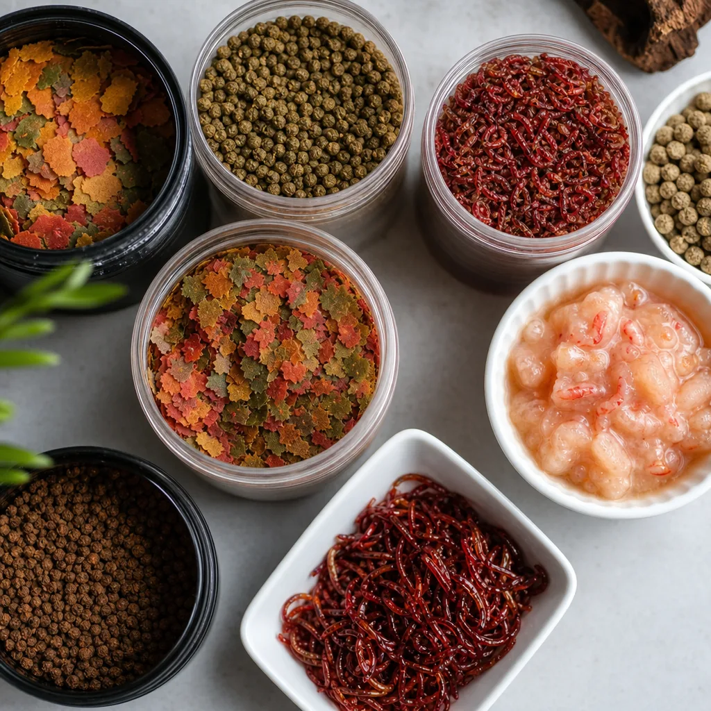 Variety of dry and frozen fish foods on a surface