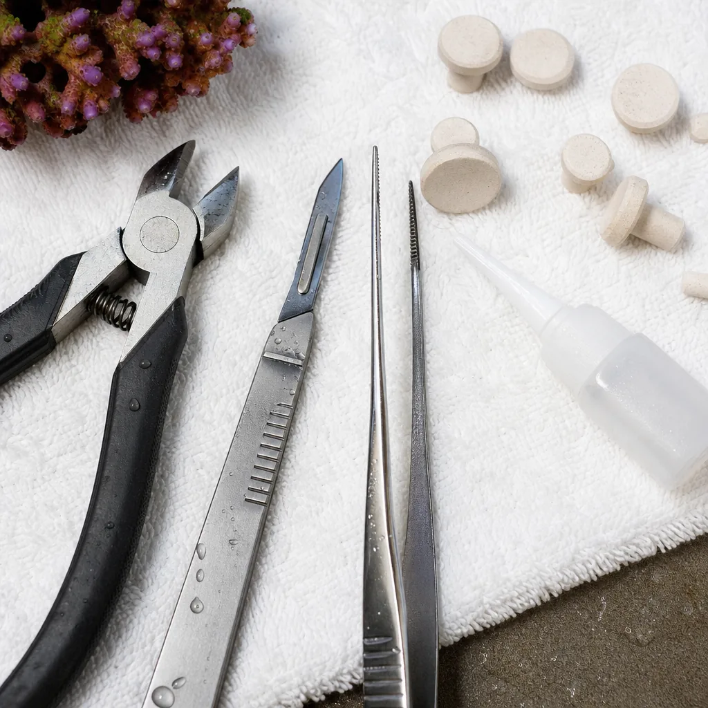 Coral fragging tools laid out on a work surface