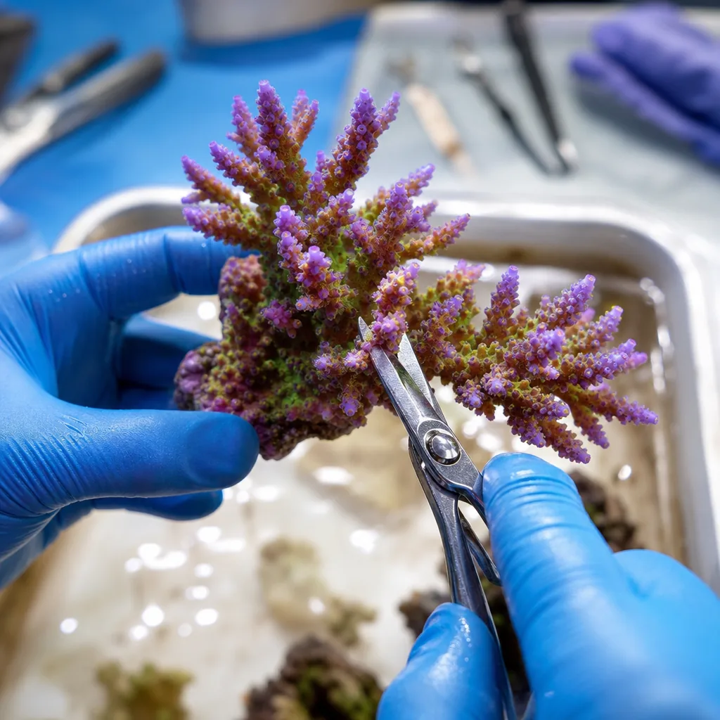 Gloved hands cutting a branching coral frag