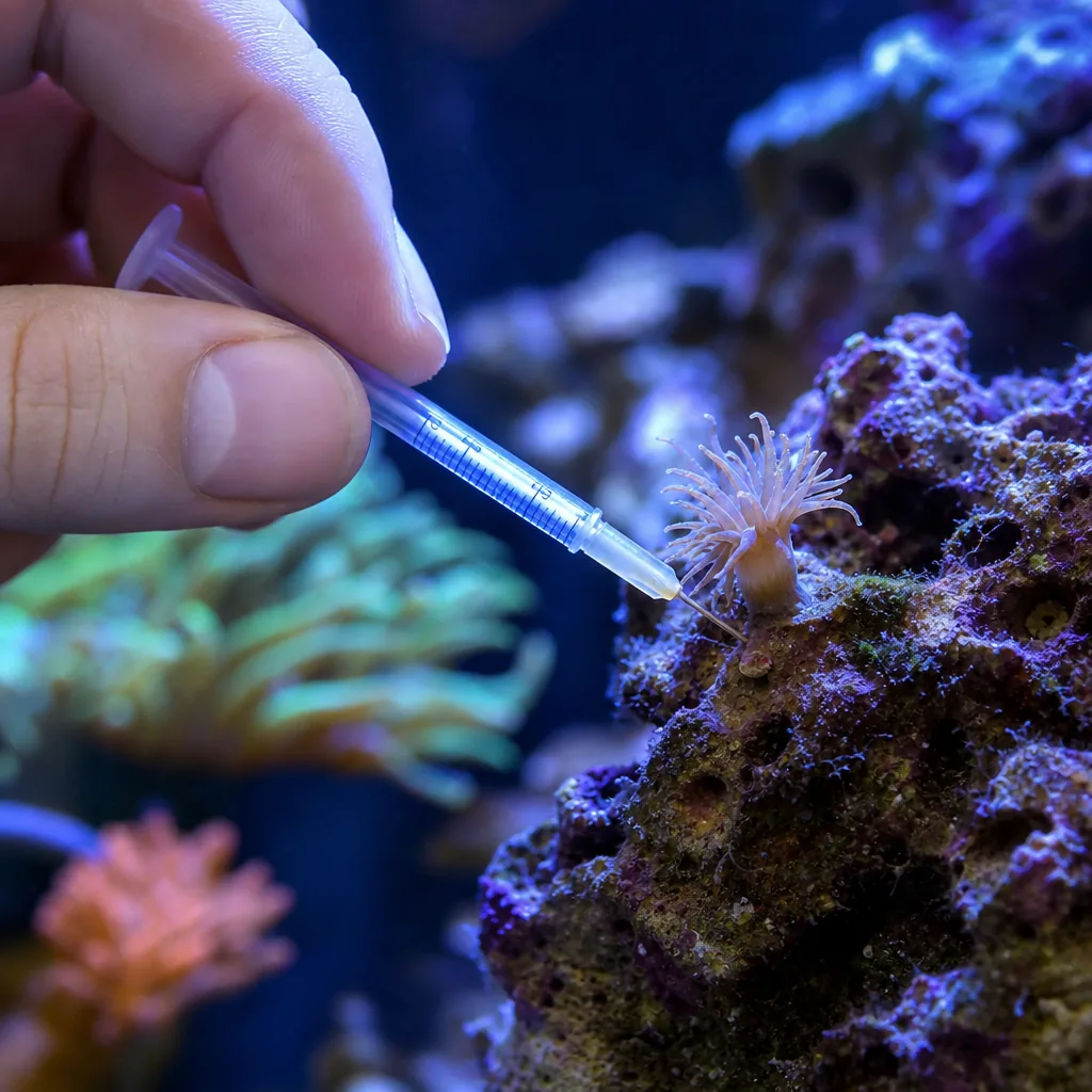 Syringe injecting treatment into aiptasia anemone