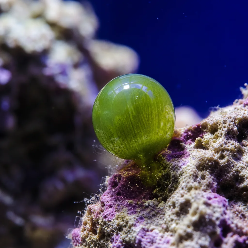 Single shiny green bubble algae sphere on live rock