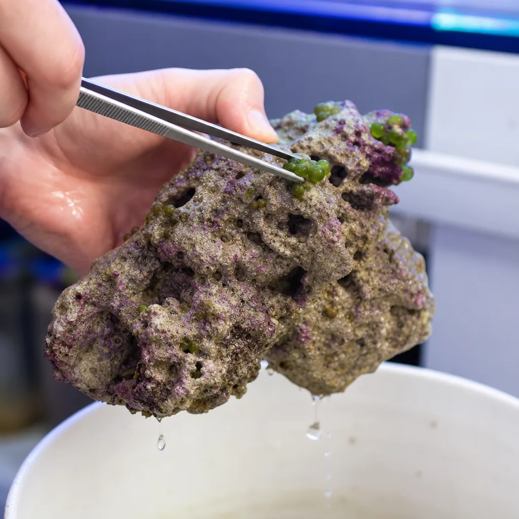Hand with tweezers carefully removing algae from live rock